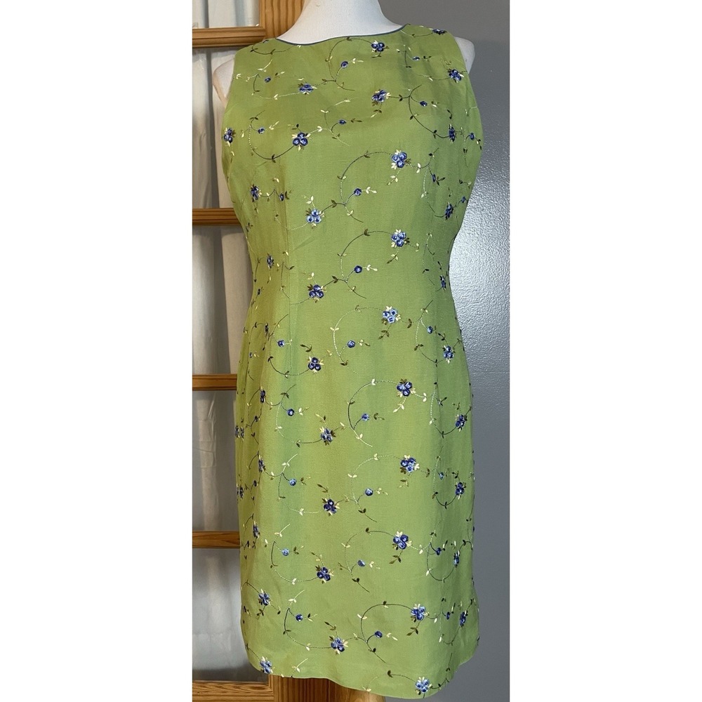 90s Coldwater Creek Linen Blend Dress Sz 10 Green Blue Floral Sleeveless Career